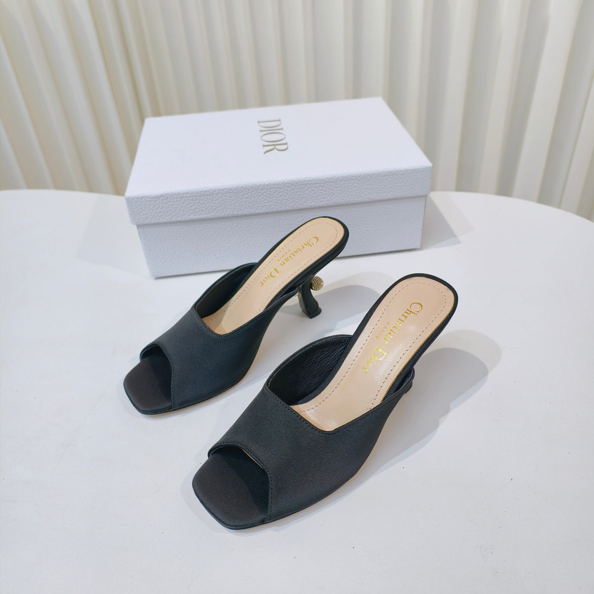 Dior Embellished High Heel Slides 25S in Black Satin
