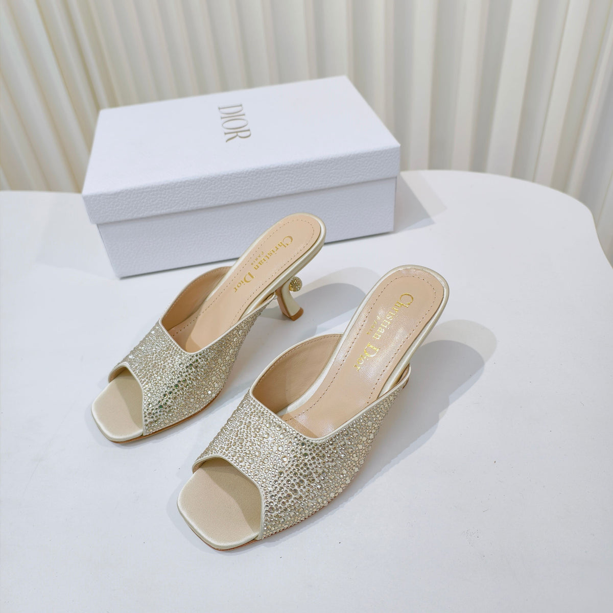 Dior Embellished High Heel Slides 25S in Light Beige Satin and Calfskin