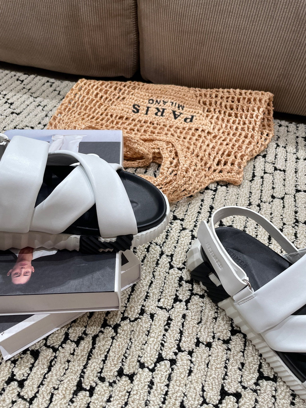 Hermes Electric Sandal Black Mix White Calfskin