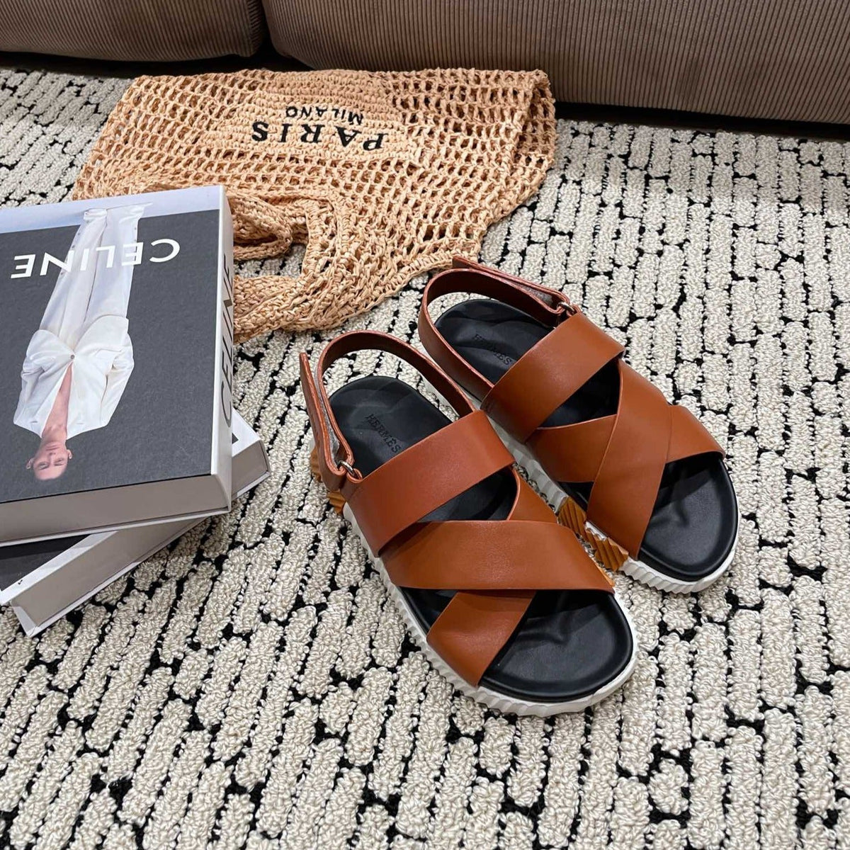 Hermes Electric Sandal Black Mix Caramel Calfskin