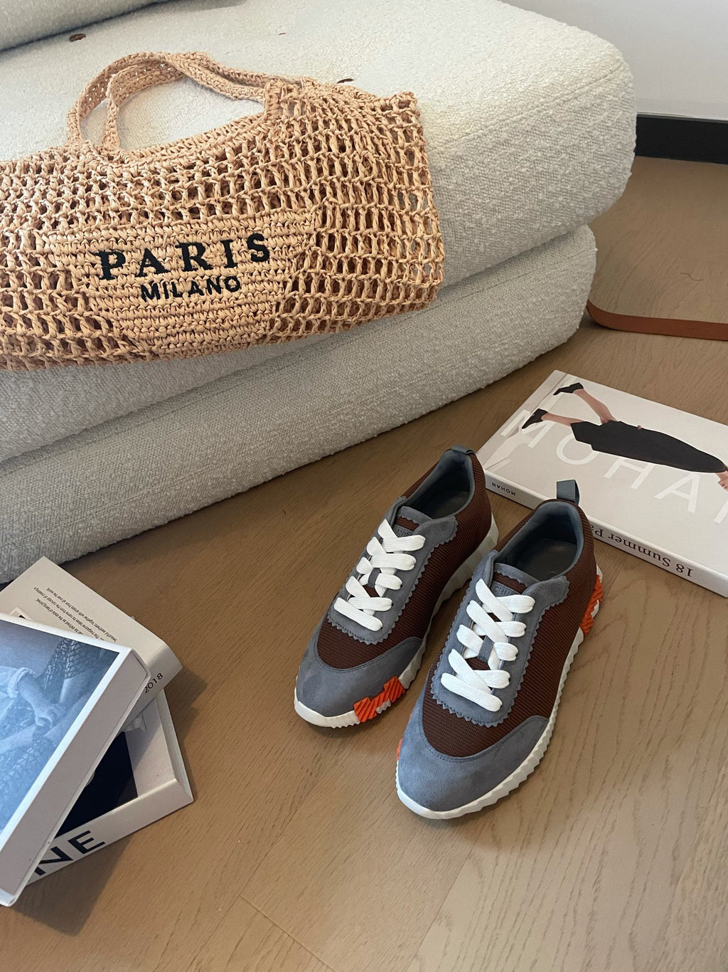 Hermes Bouncing Sneakers Gray Mix Brown Calfskin