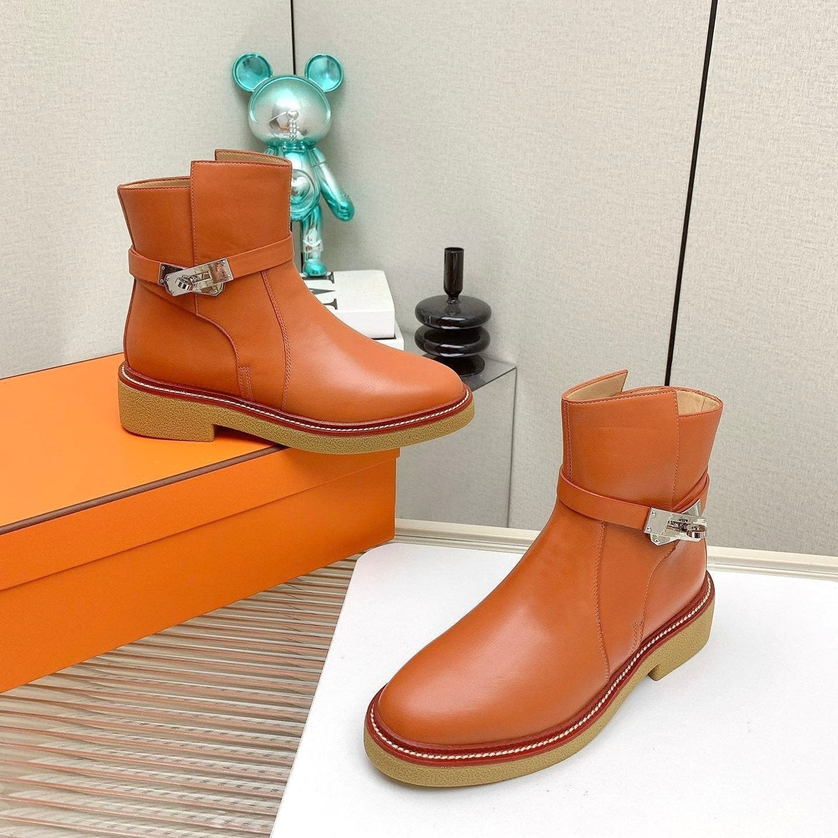 Hermes Botines History Boots in Salamander Orange Calfskin