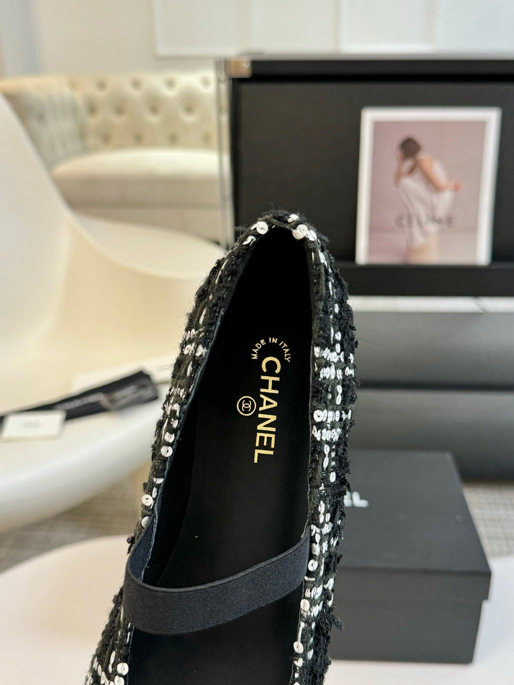 Chanel Mary Jane in Black Mix White Wool Tweed