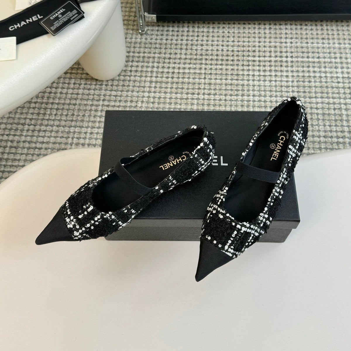Chanel Mary Jane in Black Mix White Wool Tweed