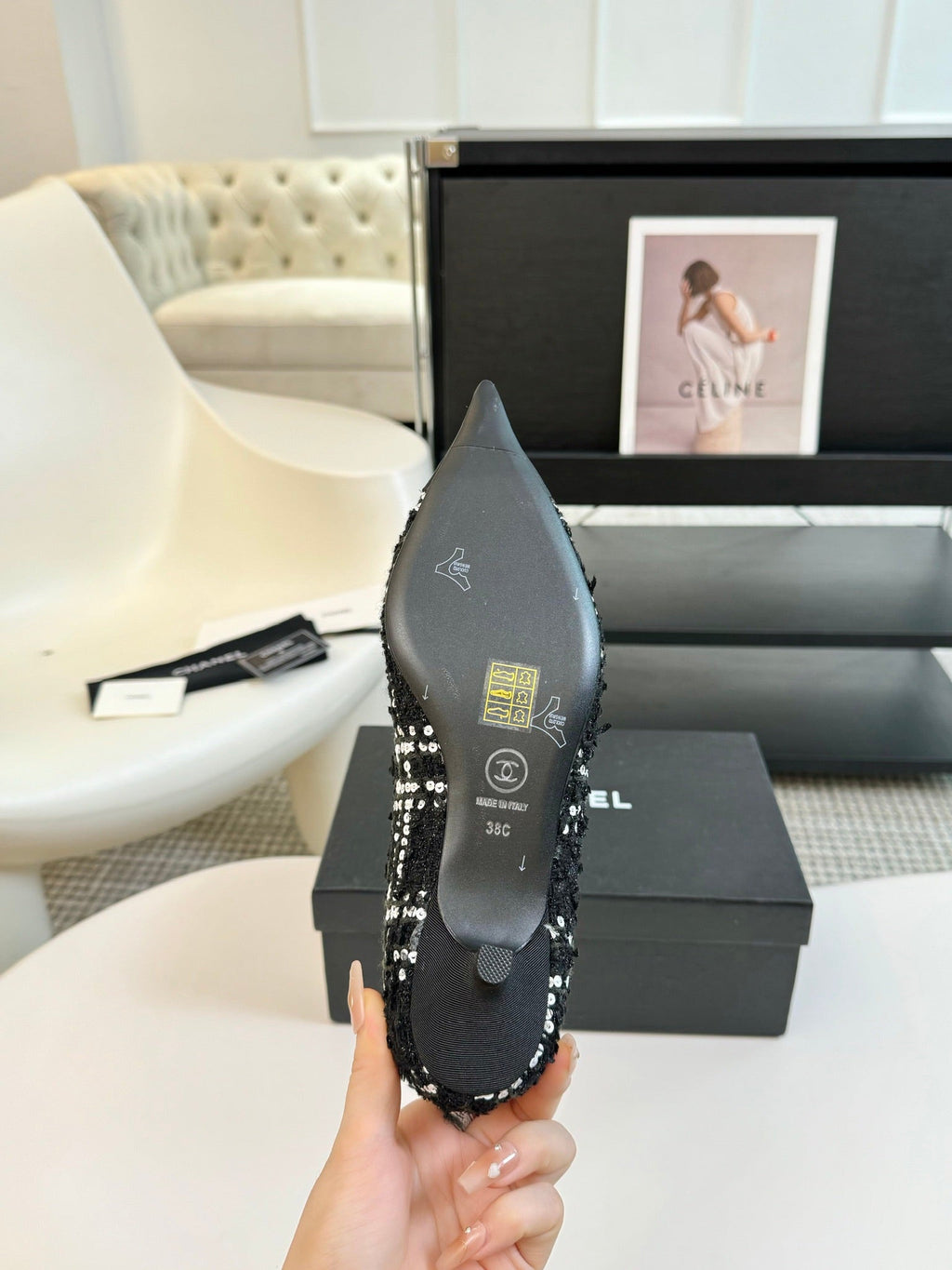 Chanel Mary Jane in Black Mix White Wool Tweed