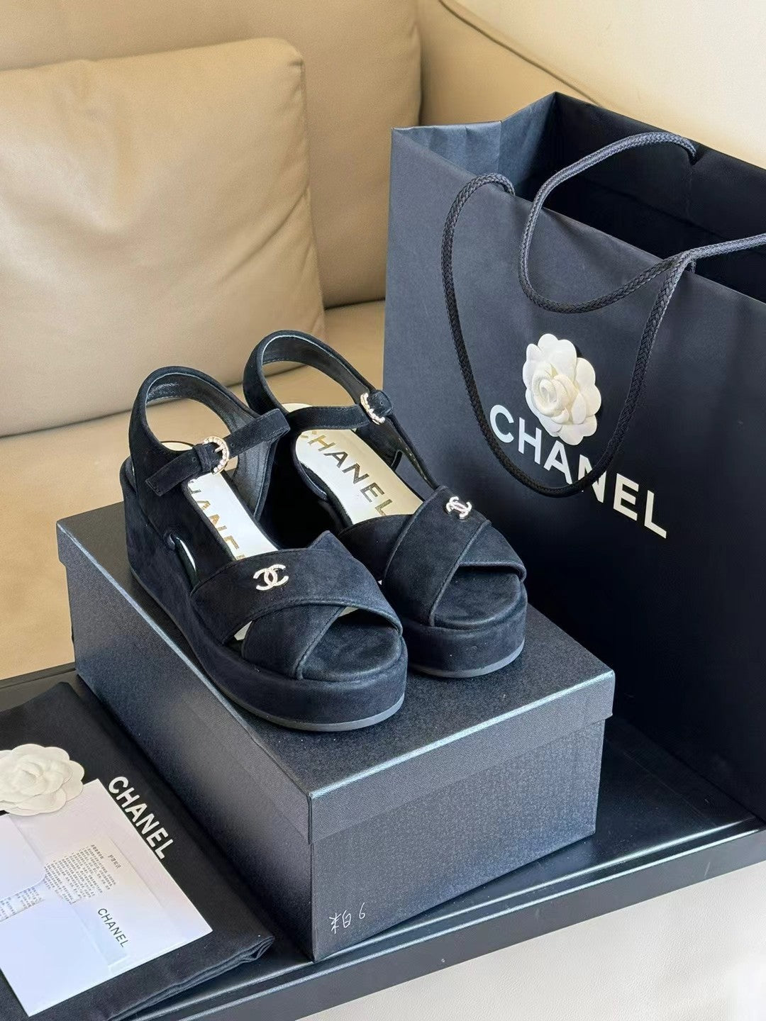 Chanel Classic Wedge Sandals in Black Lambskin Suede