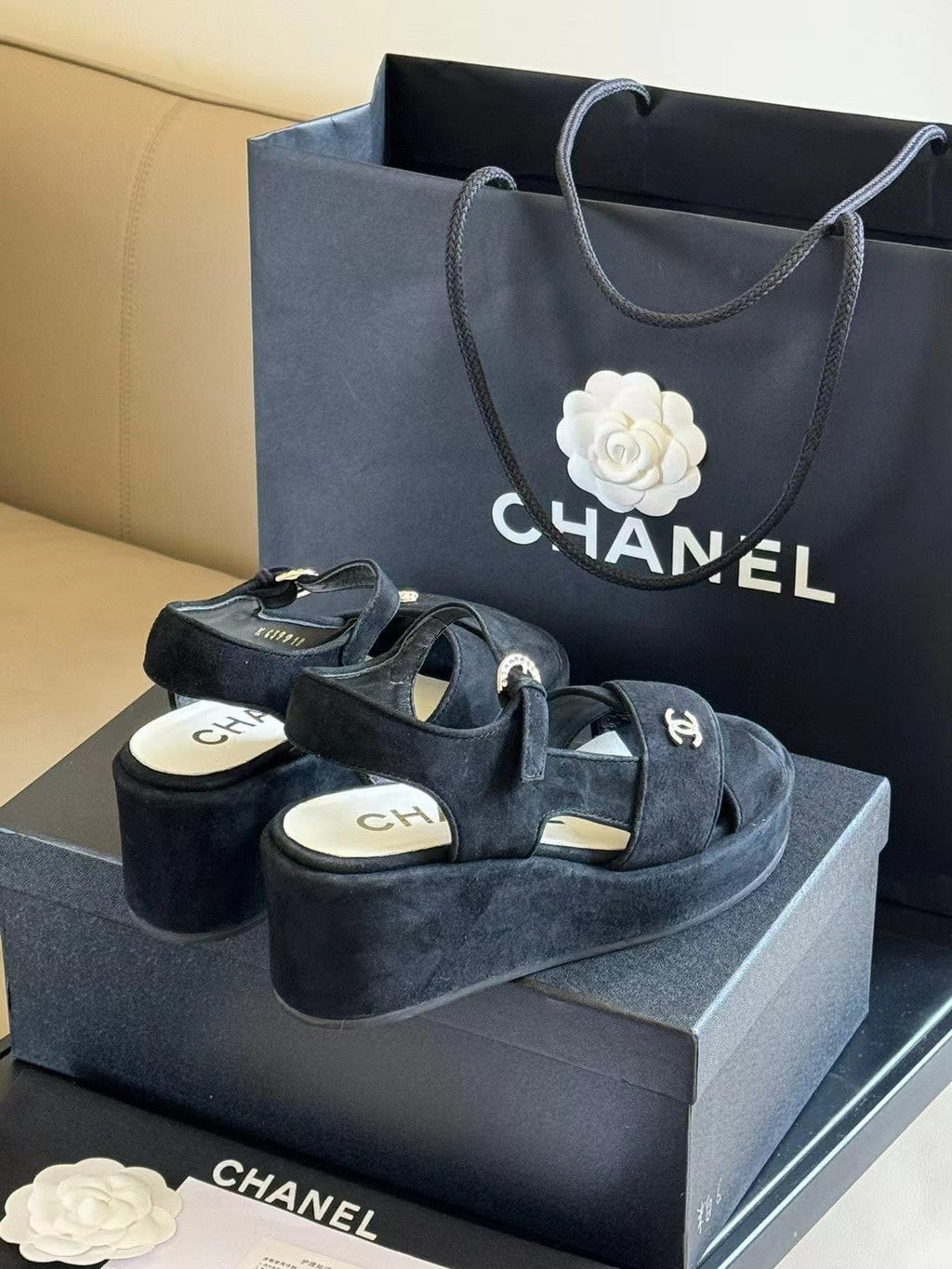Chanel Classic Wedge Sandals in Black Lambskin Suede