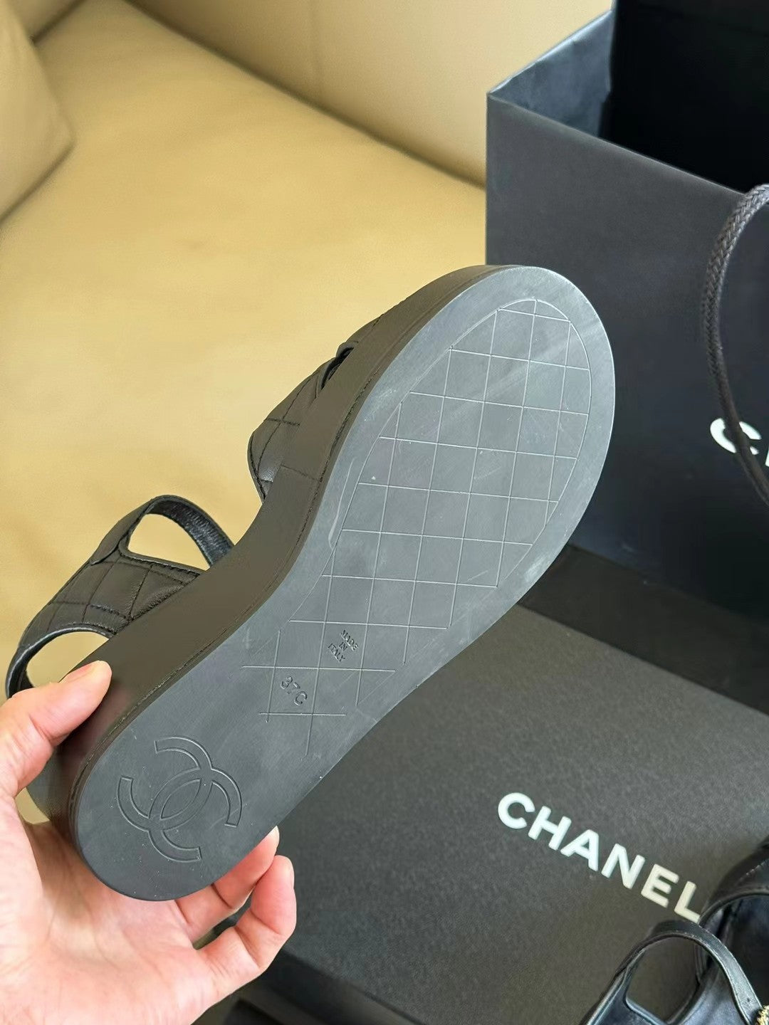 Chanel Classic Wedge Sandals in Black Lambskin