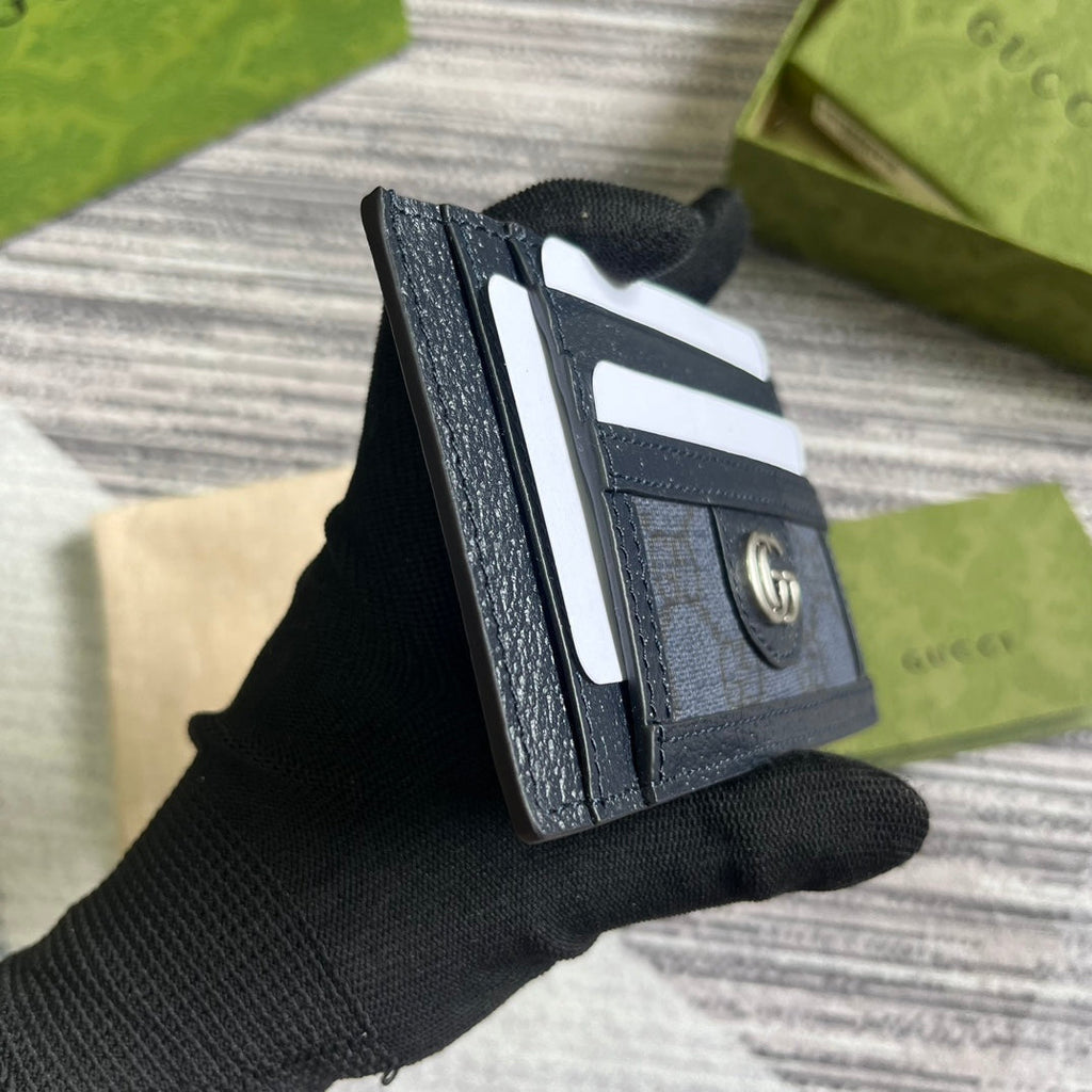 Gucci Ophidia 11 Card Case Dark Blue Canvas and Black Calfskin
