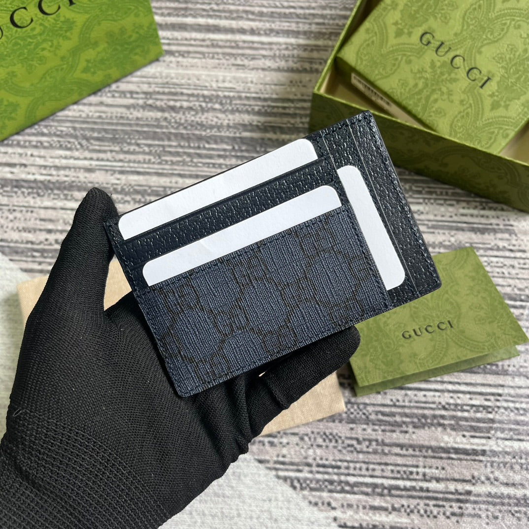 Gucci Ophidia 11 Card Case Dark Blue Canvas and Black Calfskin
