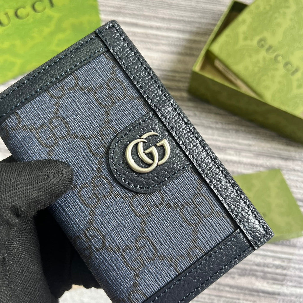 Gucci Ophidia 12 Card Case Dark Blue Canvas and Black Calfskin