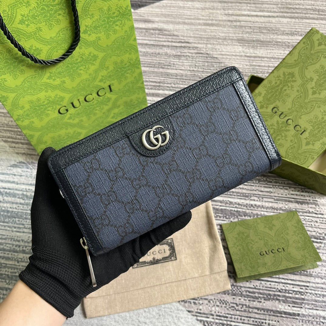 Gucci Ophidia 19 Zip Around Wallet Dark Blue Canvas and Black Calfskin