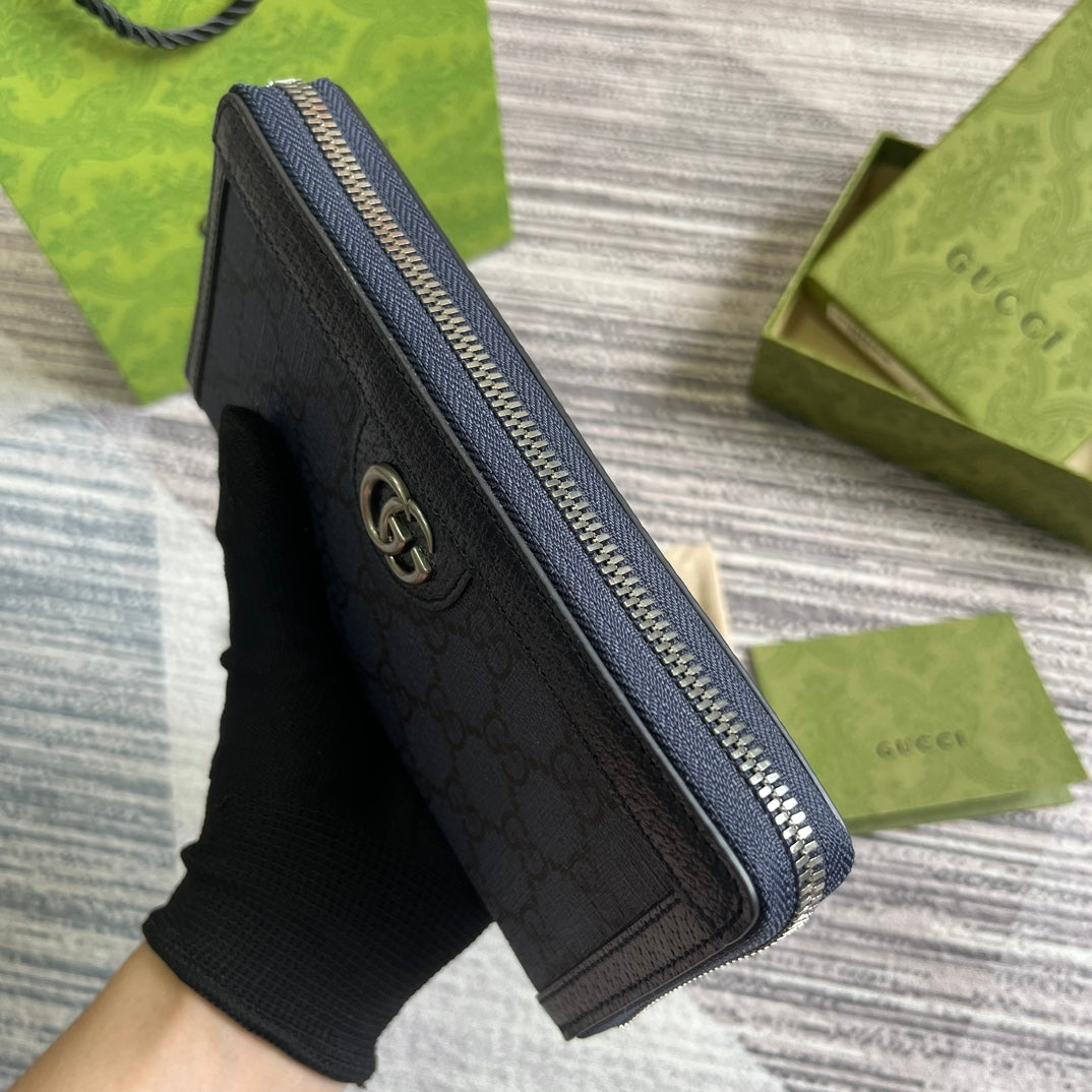 Gucci Ophidia 19 Zip Around Wallet Dark Blue Canvas and Black Calfskin