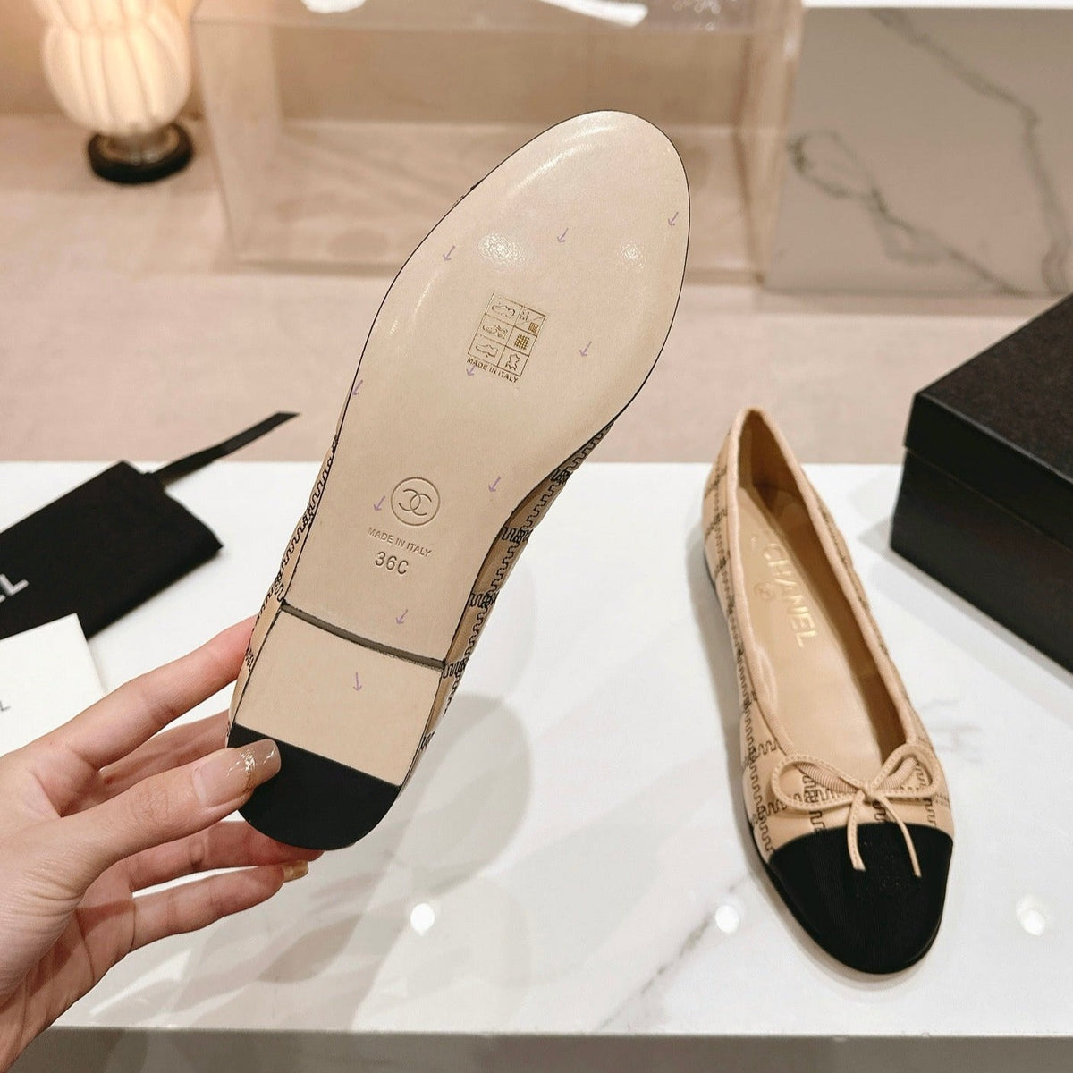 Chanel Double C New Ballet Flats Dark Cream Black Lambskin