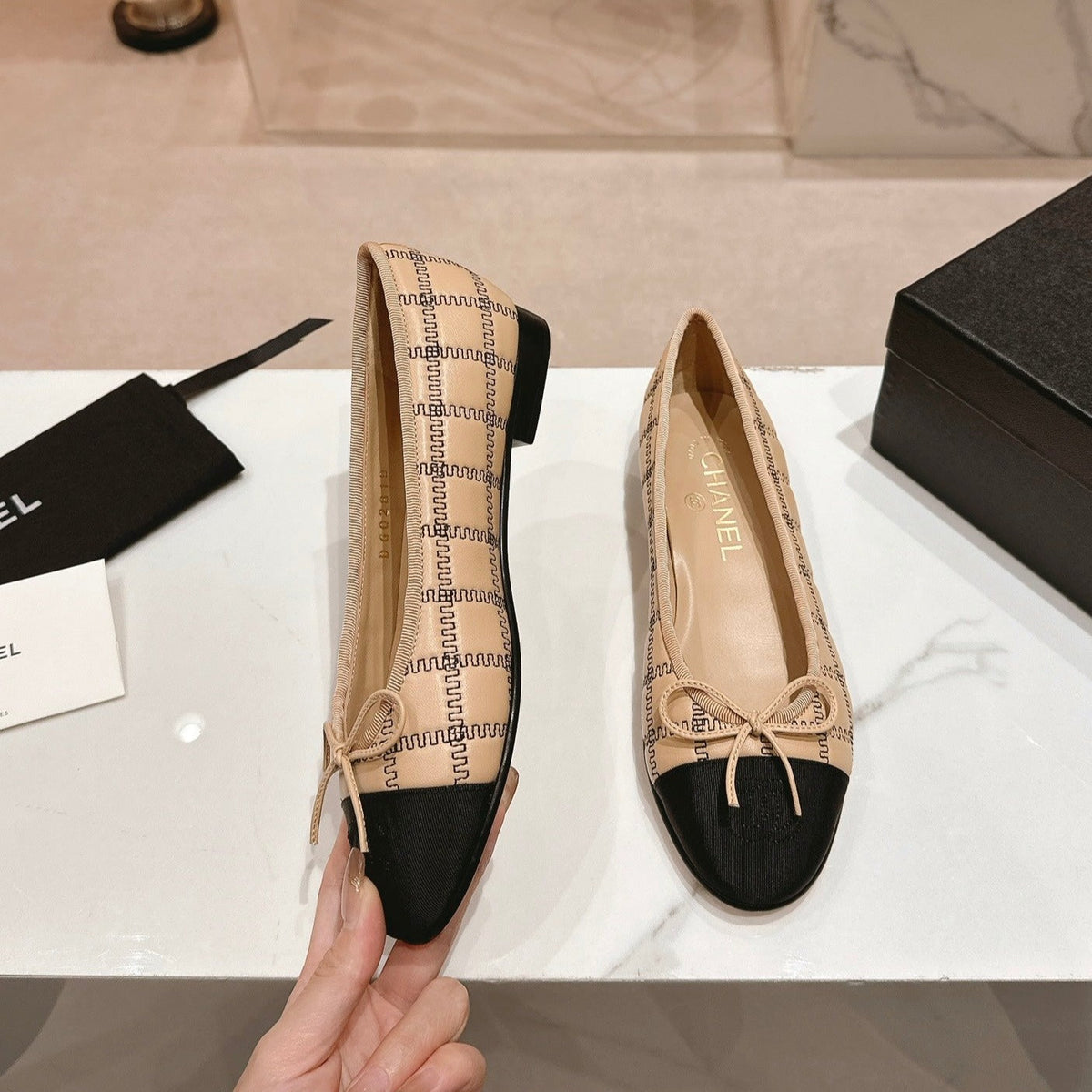 Chanel Double C New Ballet Flats Dark Cream Black Lambskin