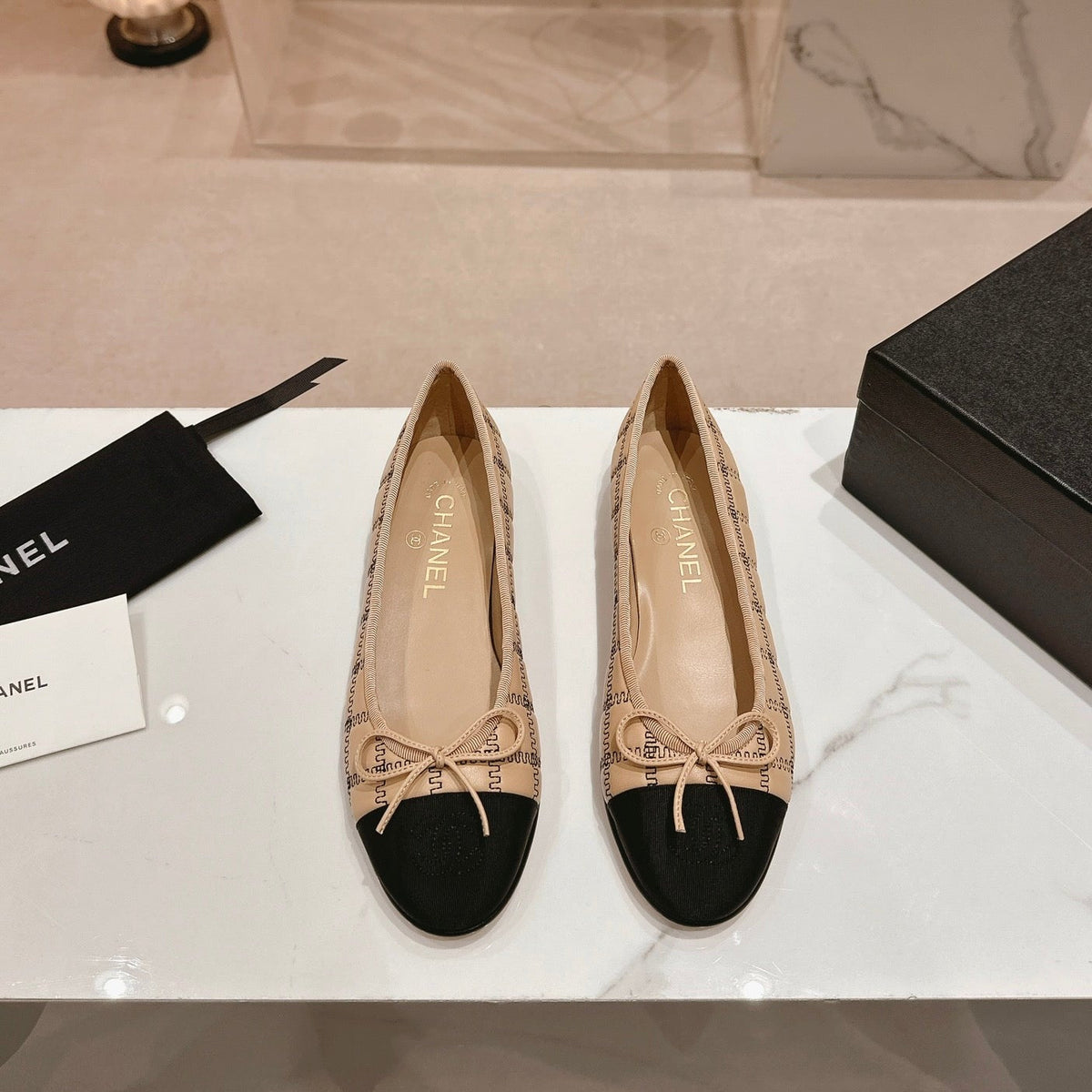 Chanel Double C New Ballet Flats Dark Cream Black Lambskin