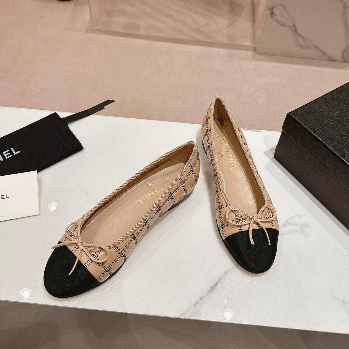 Chanel Double C New Ballet Flats Dark Cream Black Lambskin