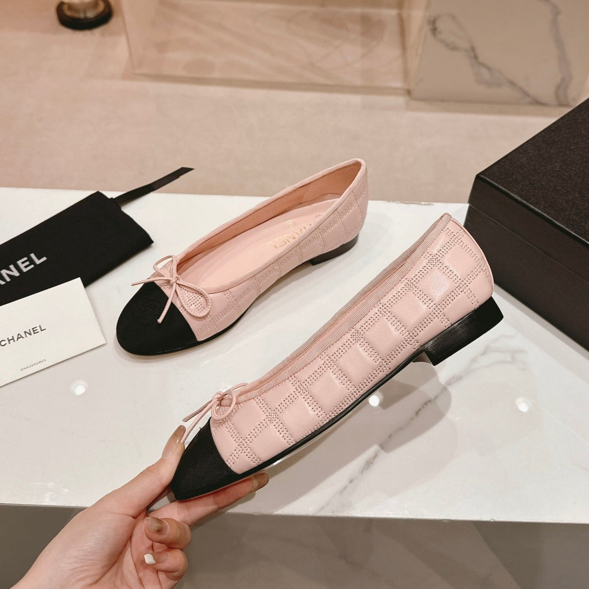 Chanel Double C New Ballet Flats Light Pink Black Lambskin