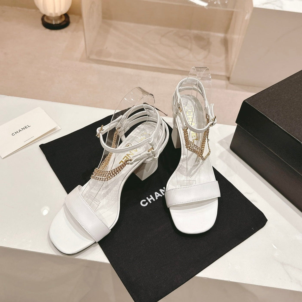 Chanel Double C Leather High Heel Sandals White