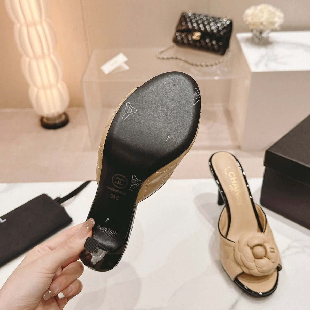 Chanel Double C New Camellia High Heel Beige Cream