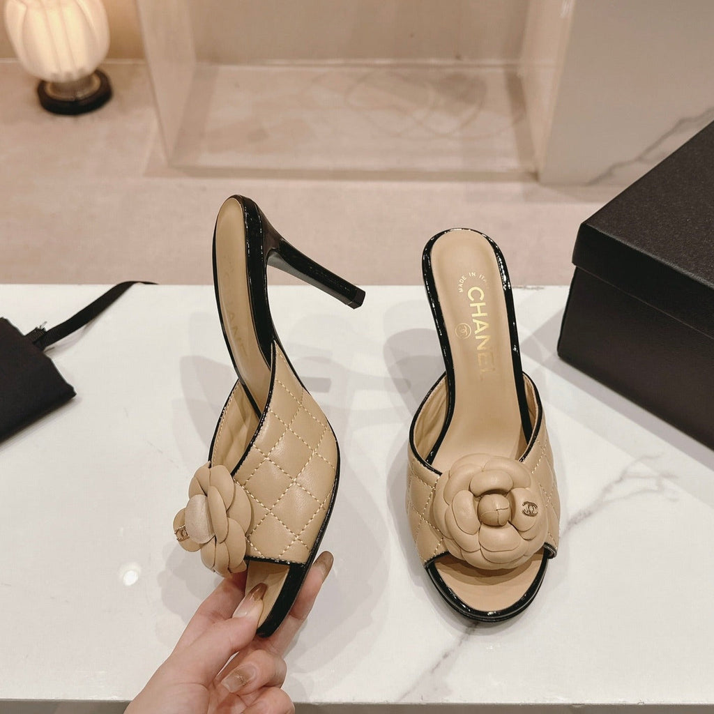 Chanel Double C New Camellia High Heel Beige Cream