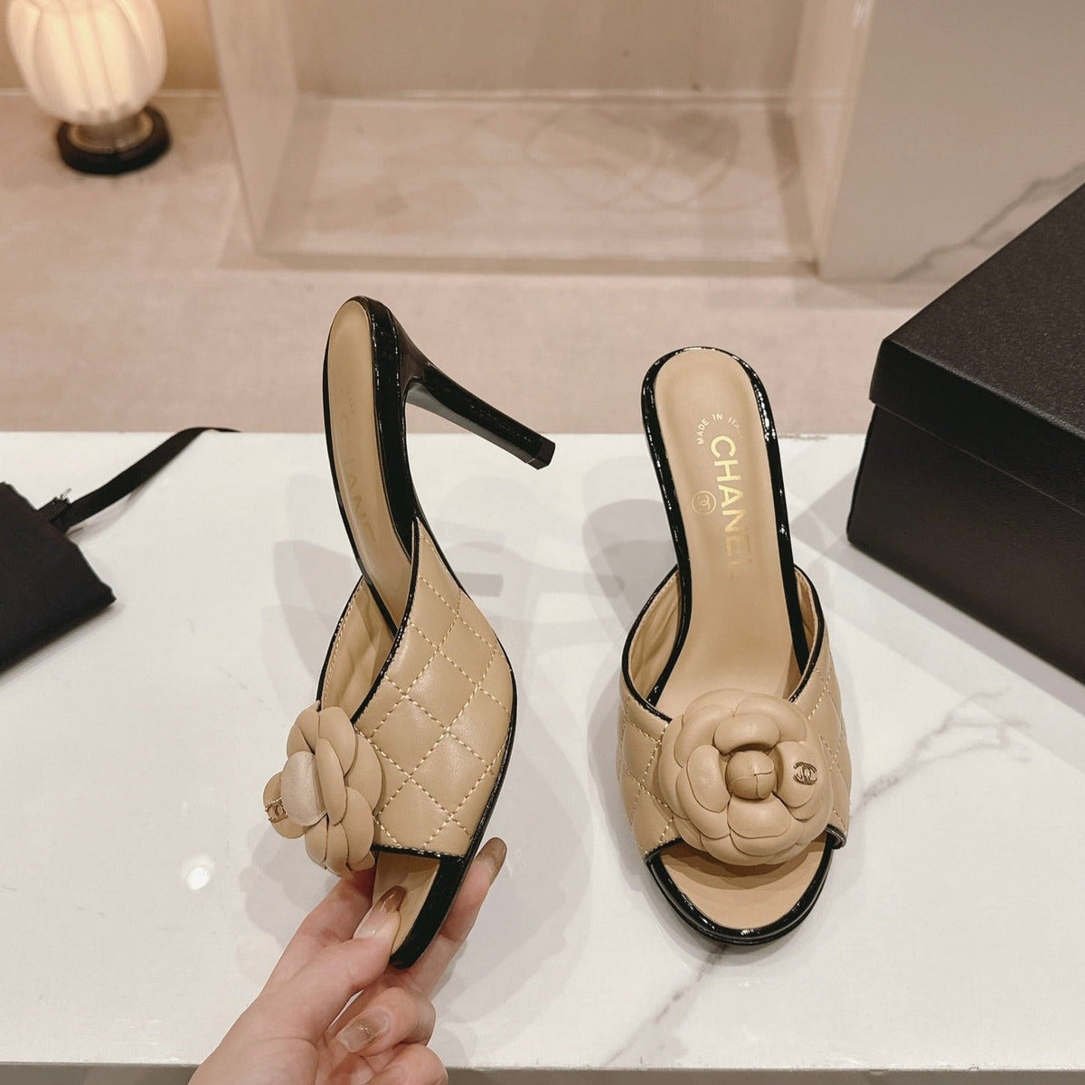 Chanel Double C New Camellia High Heel Beige Cream