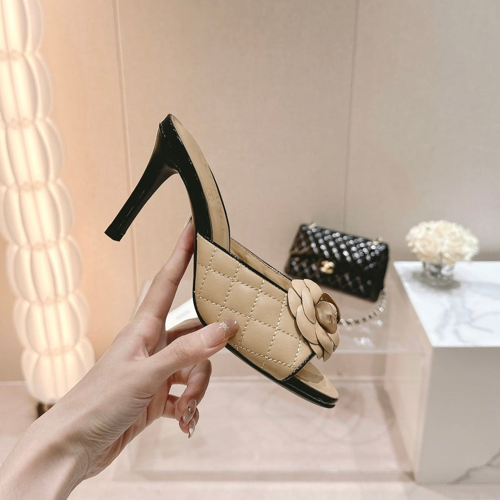 Chanel Double C New Camellia High Heel Beige Cream