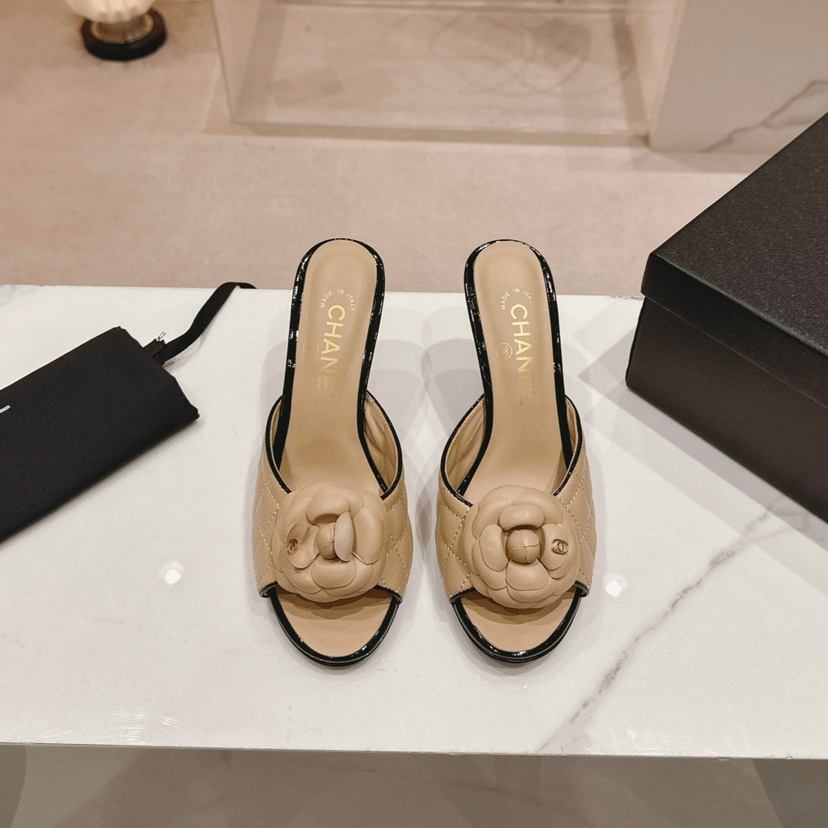 Chanel Double C New Camellia High Heel Beige Cream