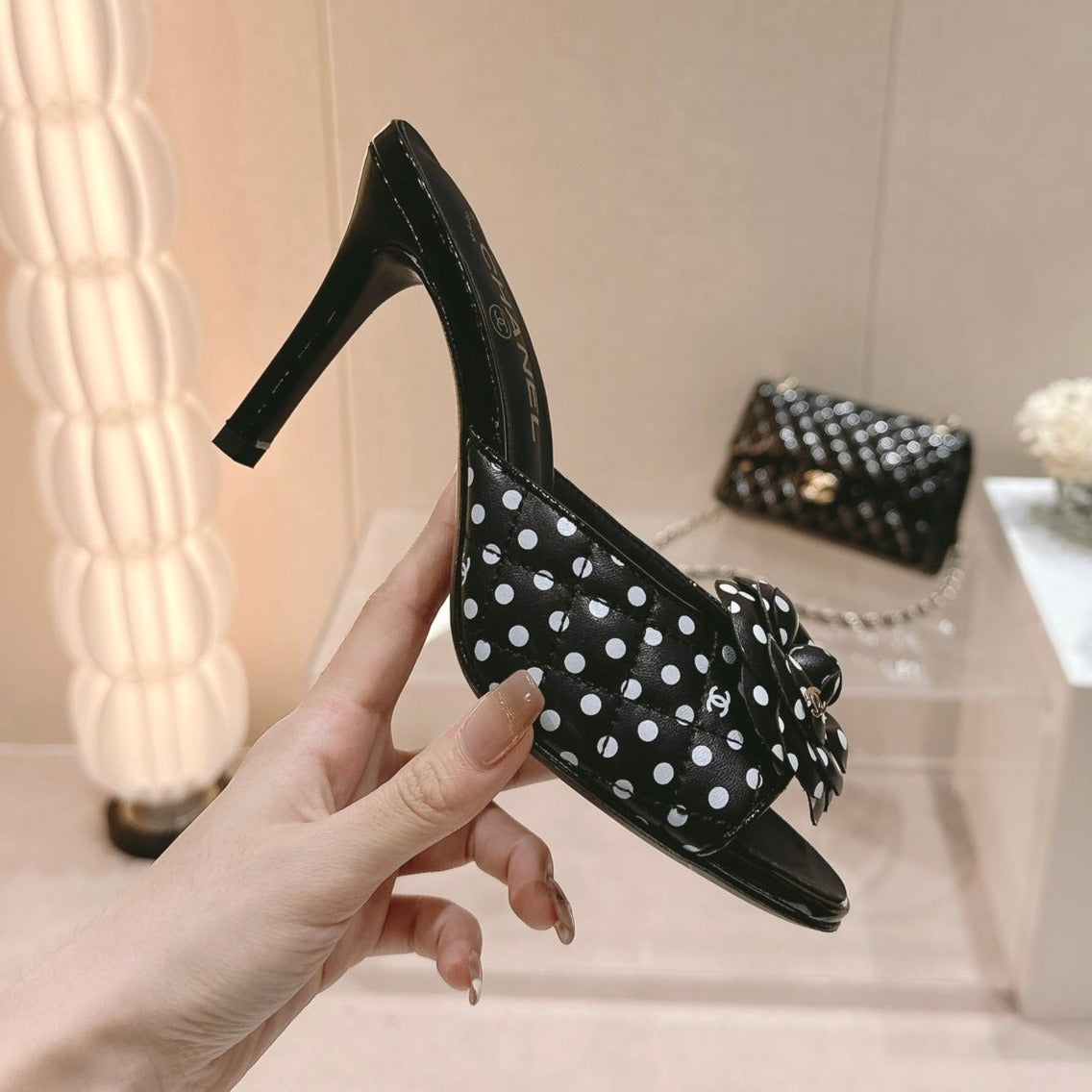 Chanel Double C New Camellia High Heel Black/White Caro