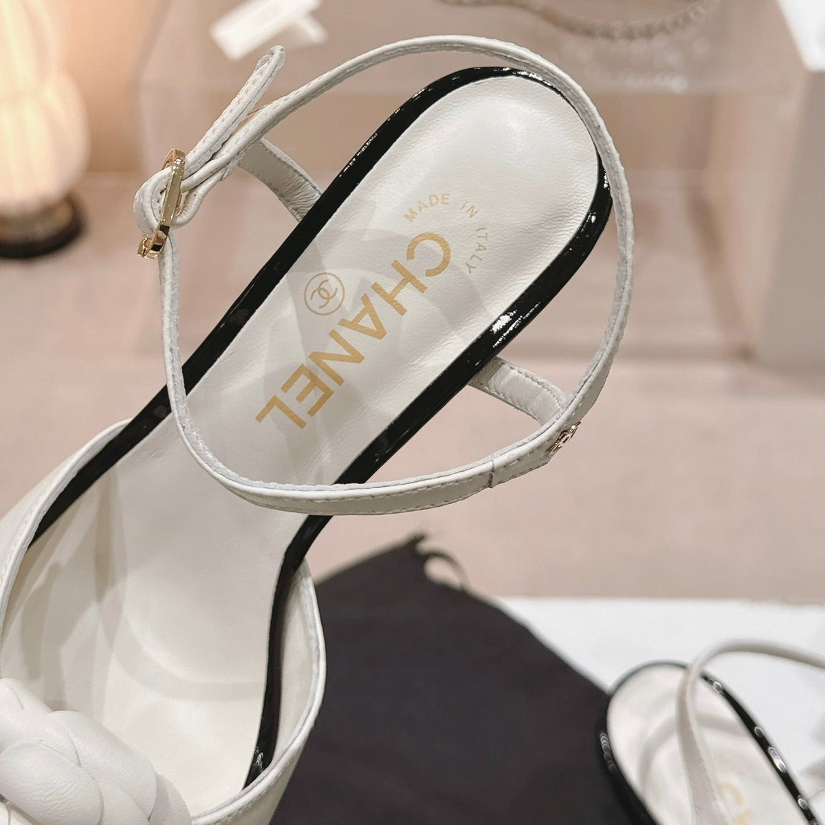 Chanel Double C New Camellia High Heel Sandals White