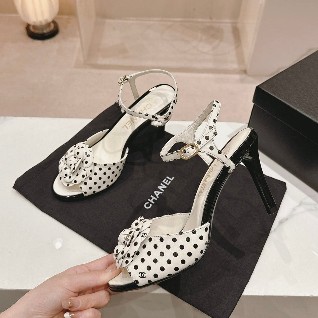 Chanel Double C New Camellia High Heel Sandals White/ Black Caro