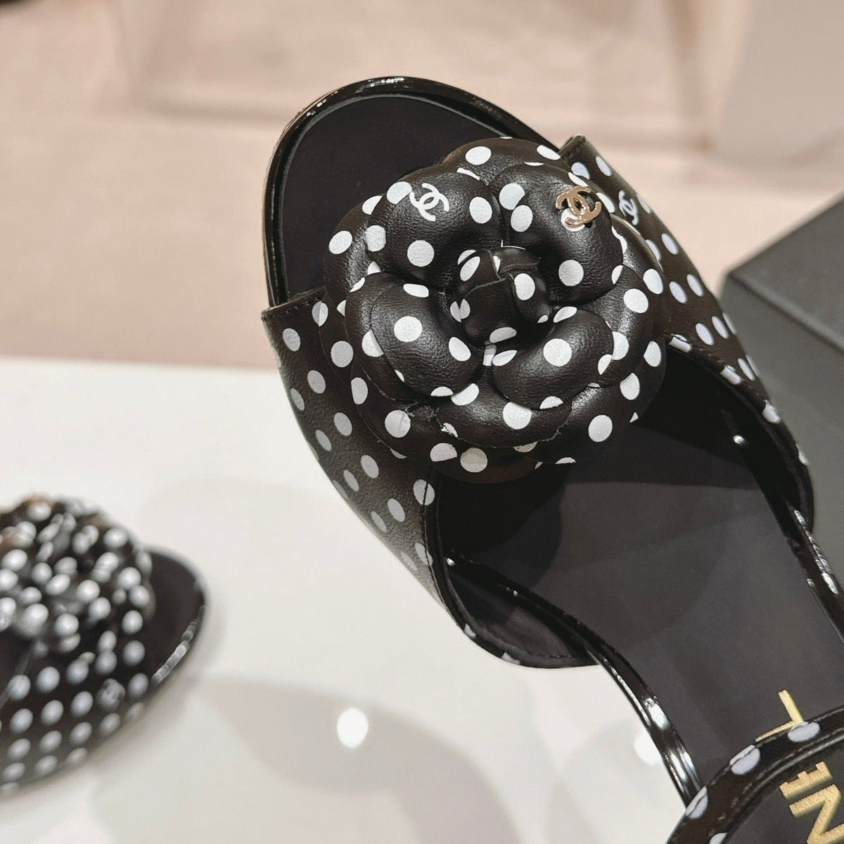 Chanel Double C New Camellia High Heel Sandals Black/ White Caro