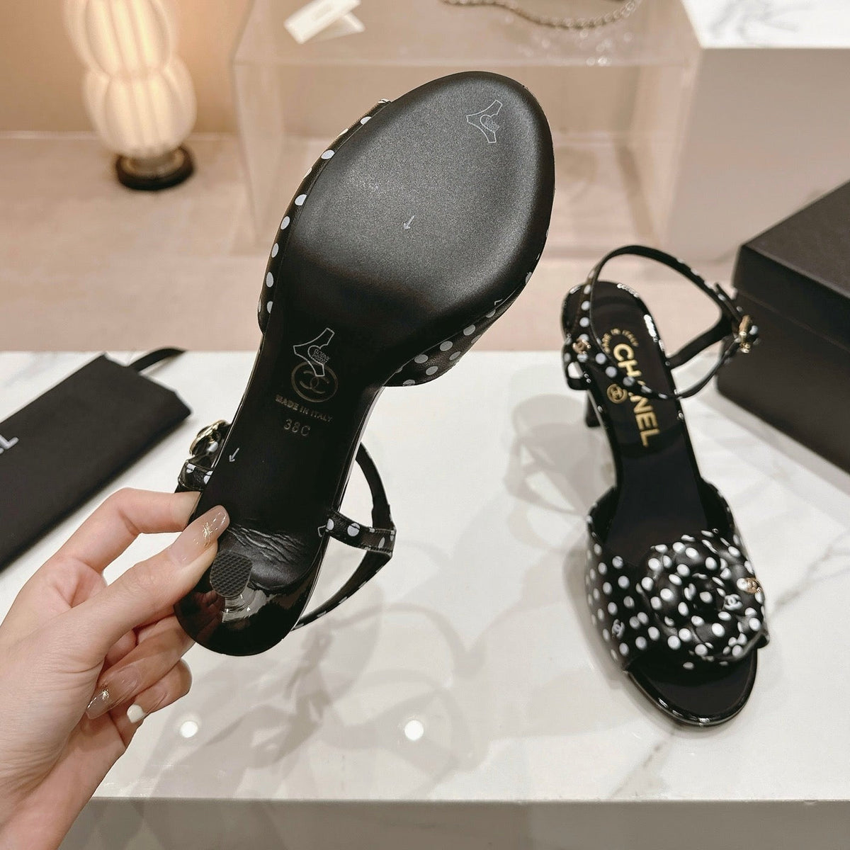 Chanel Double C New Camellia High Heel Sandals Black/ White Caro