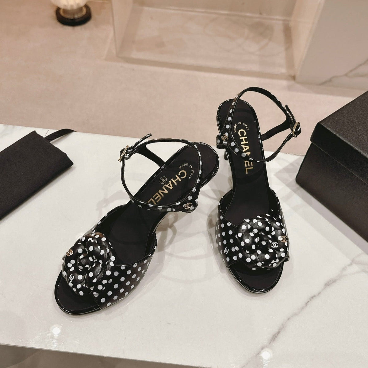 Chanel Double C New Camellia High Heel Sandals Black/ White Caro