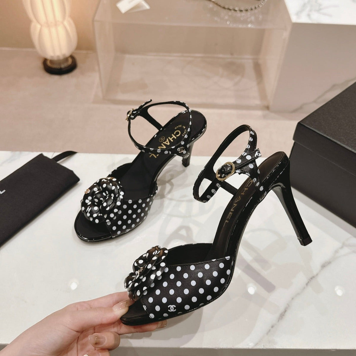 Chanel Double C New Camellia High Heel Sandals Black/ White Caro