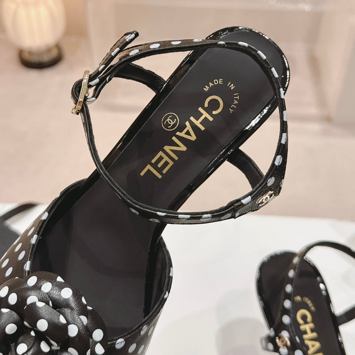 Chanel Double C New Camellia High Heel Sandals Black/ White Caro