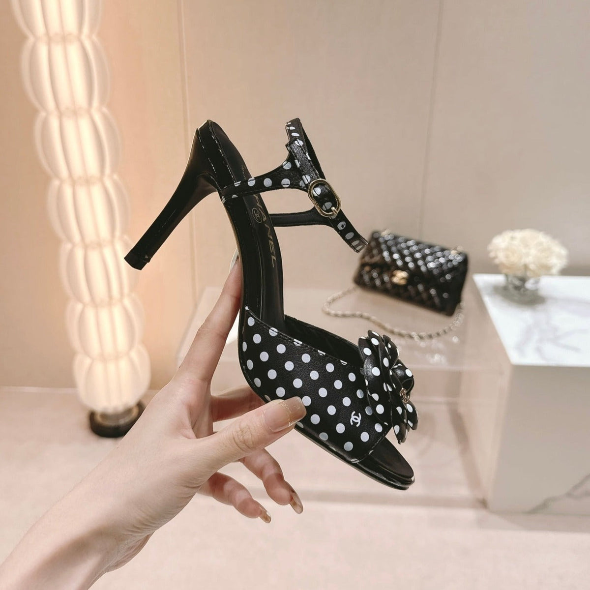 Chanel Double C New Camellia High Heel Sandals Black/ White Caro