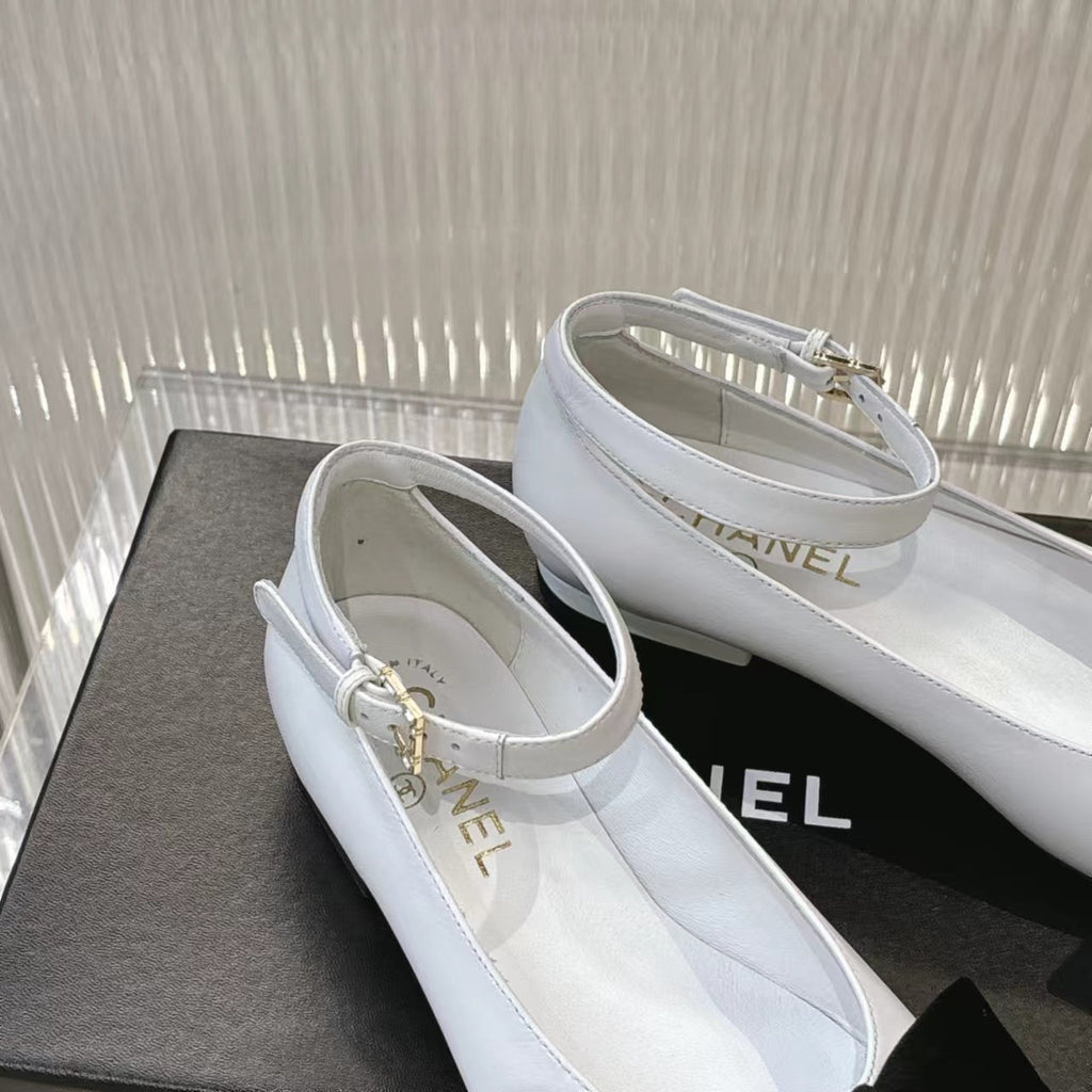 Chanel Bow Mary Jane Shoes in White Lambskin