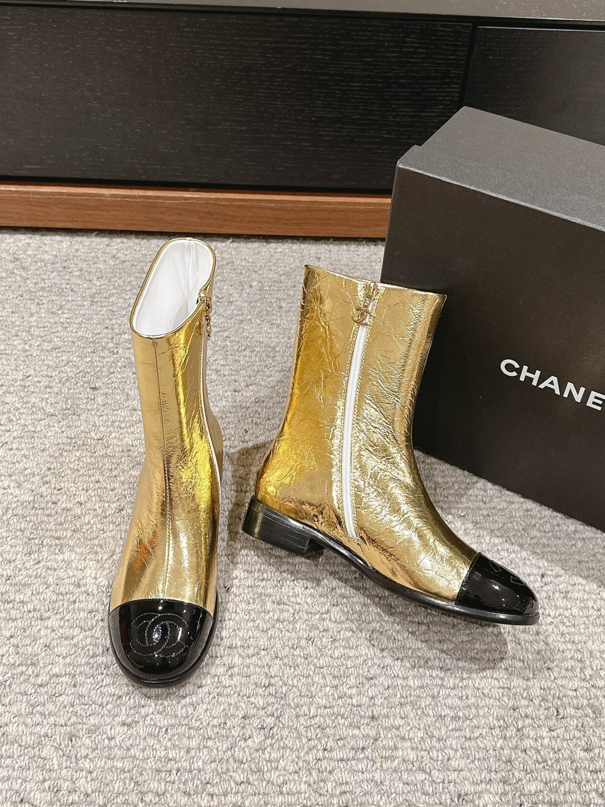 Chanel Short Boots in Golden Mix Black Lambskin