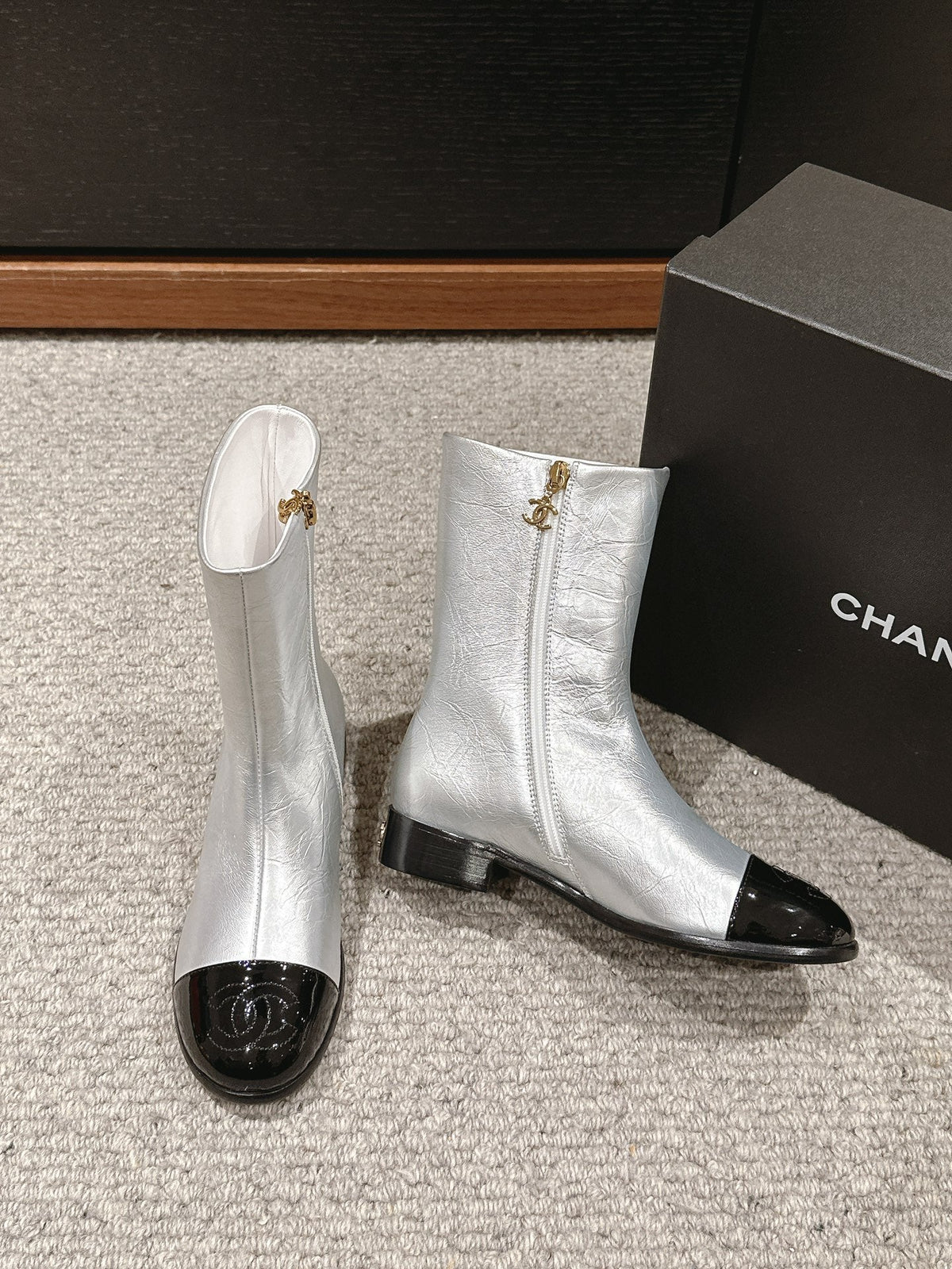 Chanel Short Boots in Silver Mix Black Lambskin