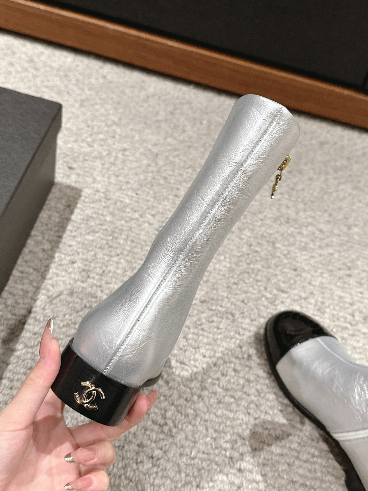 Chanel Short Boots in Silver Mix Black Lambskin