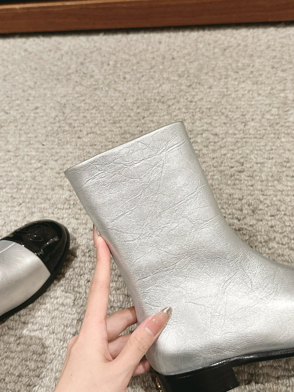 Chanel Short Boots in Silver Mix Black Lambskin