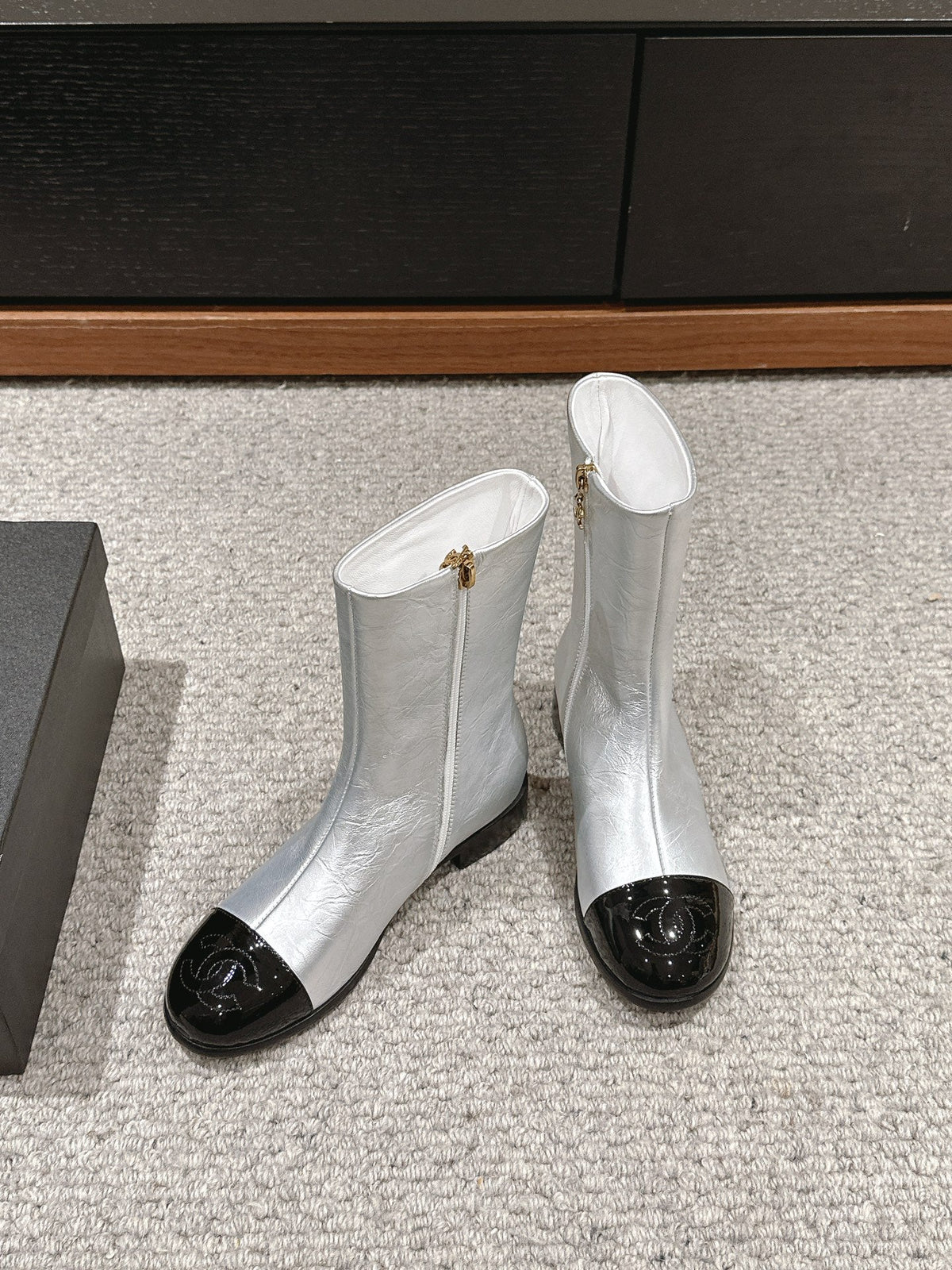 Chanel Short Boots in Silver Mix Black Lambskin