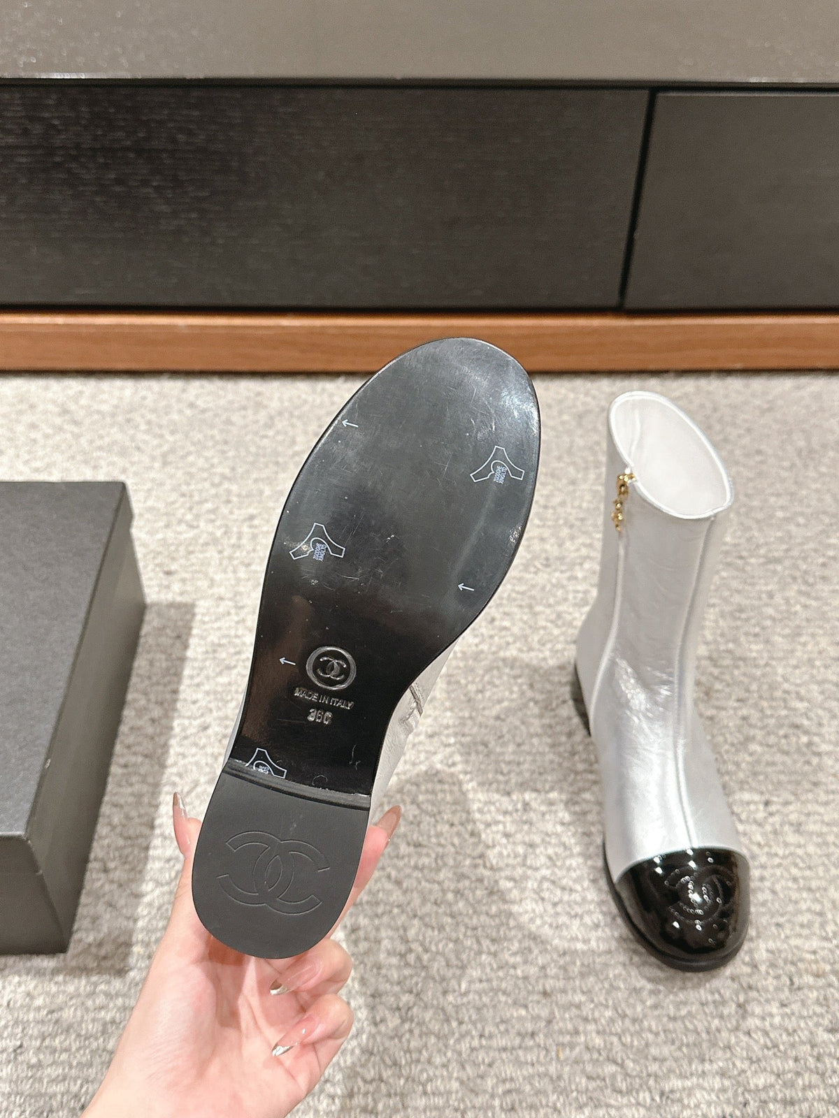 Chanel Short Boots in Silver Mix Black Lambskin