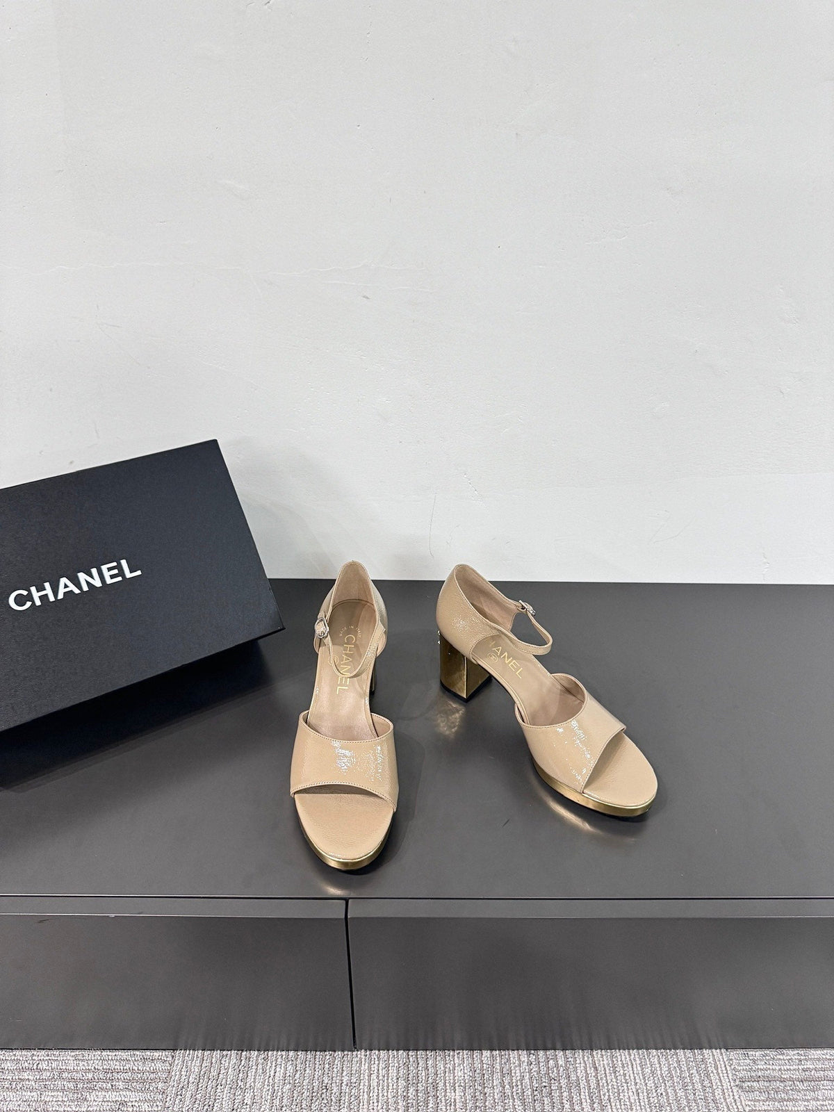 Chanel Block Heel Sandals Beige Sheepskin
