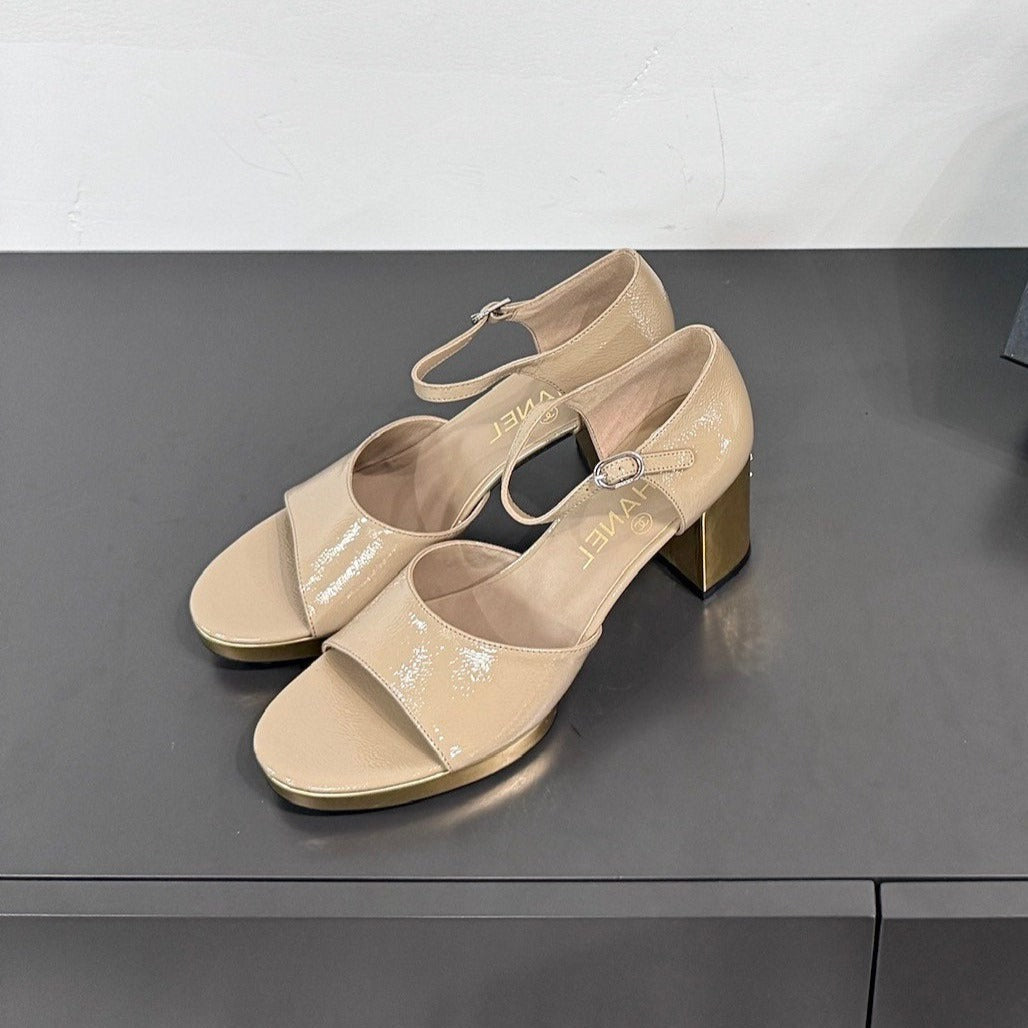 Chanel Block Heel Sandals Beige Sheepskin