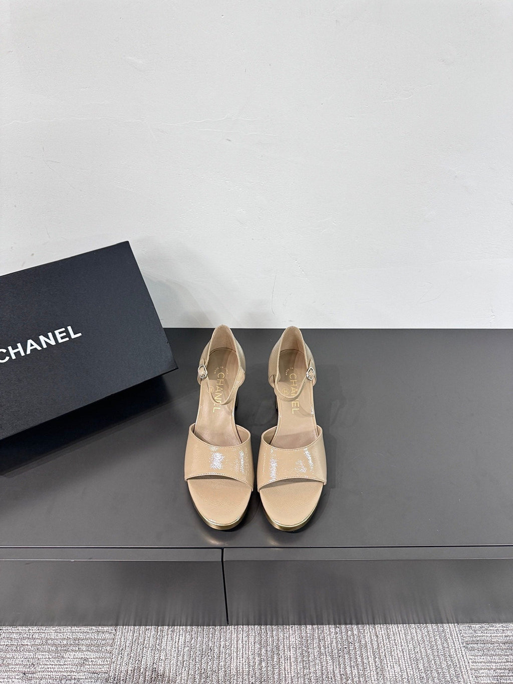 Chanel Block Heel Sandals Beige Sheepskin