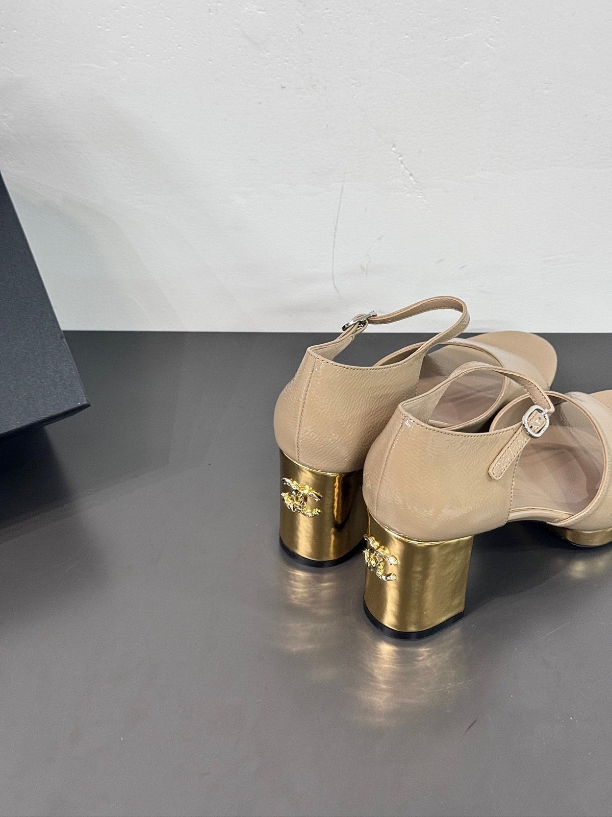 Chanel Block Heel Sandals Beige Sheepskin