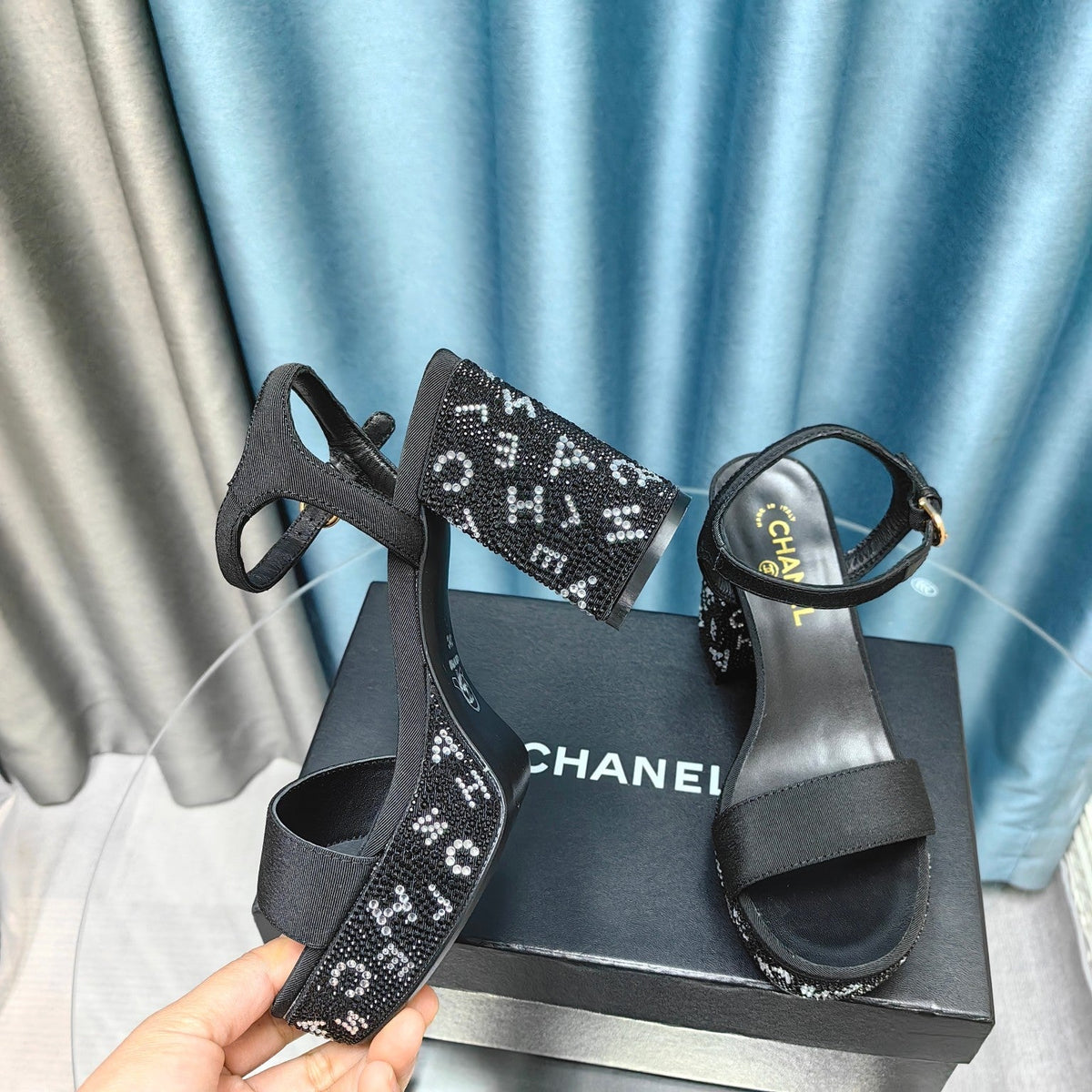 Chanel Chunky Heel Rhinestone High Sandals Black Lambskin