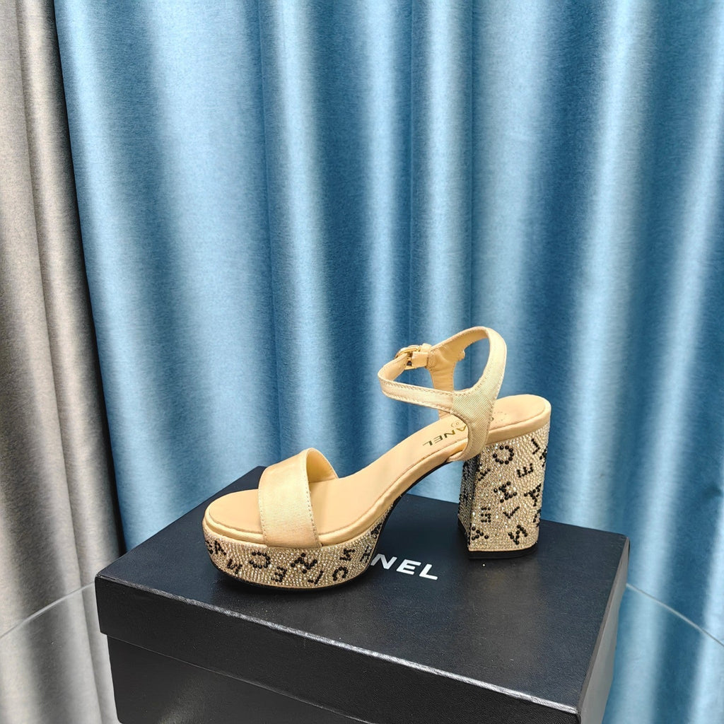 Chanel Chunky Heel Rhinestone High Sandals Beige Cream Lambskin